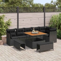 9 Piece Garden Sofa Set with Cushions Black Poly Rattan Acacia