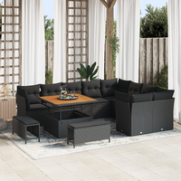 12 Piece Garden Sofa Set with Cushions Black Poly Rattan Acacia