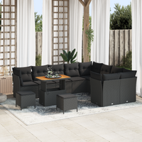 12 Piece Garden Sofa Set with Cushions Black Poly Rattan Acacia