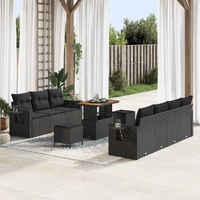 10 Piece Garden Sofa Set with Cushions Black Poly Rattan Acacia