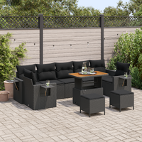 10 Piece Garden Sofa Set with Cushions Black Poly Rattan Acacia