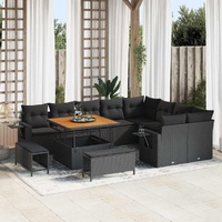 12 Piece Garden Sofa Set with Cushions Black Poly Rattan Acacia