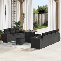 10 Piece Garden Sofa Set with Cushions Black Poly Rattan Acacia