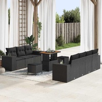 10 Piece Garden Sofa Set with Cushions Black Poly Rattan Acacia