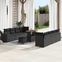 11 Piece Garden Sofa Set with Cushions Black Poly Rattan Acacia