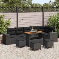 10 Piece Garden Sofa Set with Cushions Black Poly Rattan Acacia