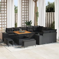 12 Piece Garden Sofa Set with Cushions Black Poly Rattan Acacia