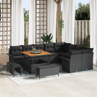 12 Piece Garden Sofa Set with Cushions Black Poly Rattan Acacia