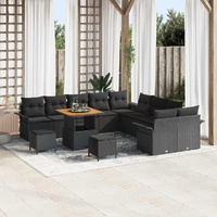 13 Piece Garden Sofa Set with Cushions Black Poly Rattan Acacia