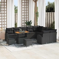 12 Piece Garden Sofa Set with Cushions Black Poly Rattan Acacia