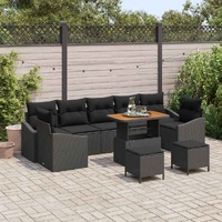 10 Piece Garden Sofa Set with Cushions Black Poly Rattan Acacia