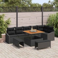 9 Piece Garden Sofa Set with Cushions Black Poly Rattan Acacia