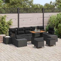 10 Piece Garden Sofa Set with Cushions Black Poly Rattan Acacia