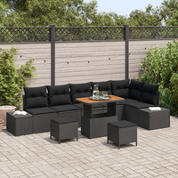 9 Piece Garden Sofa Set with Cushions Black Poly Rattan Acacia