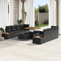 11 Piece Garden Sofa Set with Cushions Black Poly Rattan Acacia