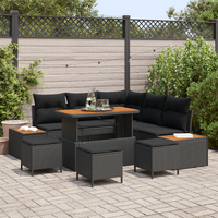 9 Piece Garden Sofa Set with Cushions Black Poly Rattan Acacia