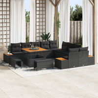 13 Piece Garden Sofa Set with Cushions Black Poly Rattan Acacia