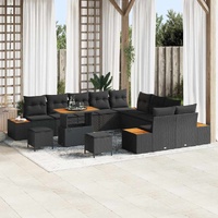 13 Piece Garden Sofa Set with Cushions Black Poly Rattan Acacia