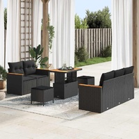 8 Piece Garden Sofa Set with Cushions Black Poly Rattan Acacia