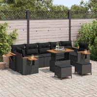 10 Piece Garden Sofa Set with Cushions Black Poly Rattan Acacia