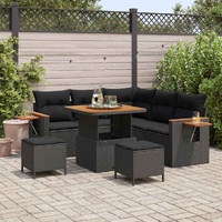 8 Piece Garden Sofa Set with Cushions Black Poly Rattan Acacia