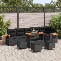 10 Piece Garden Sofa Set with Cushions Black Poly Rattan Acacia