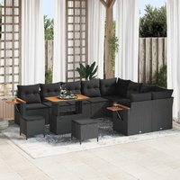12 Piece Garden Sofa Set with Cushions Black Poly Rattan Acacia