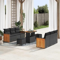 9 Piece Garden Sofa Set with Cushions Black Poly Rattan Acacia