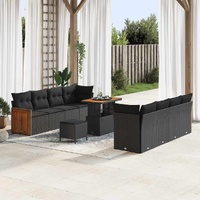 11 Piece Garden Sofa Set with Cushions Black Poly Rattan Acacia