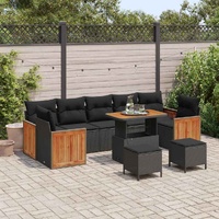 10 Piece Garden Sofa Set with Cushions Black Poly Rattan Acacia