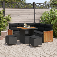 8 Piece Garden Sofa Set with Cushions Black Poly Rattan Acacia