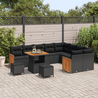 12 Piece Garden Sofa Set with Cushions Black Poly Rattan Acacia