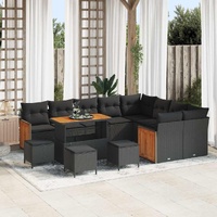 13 Piece Garden Sofa Set with Cushions Black Poly Rattan Acacia