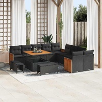 13 Piece Garden Couch Set with Cushions Black Poly Rattan Acacia