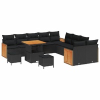 13 Piece Garden Sofa Set with Cushions Black Poly Rattan Acacia