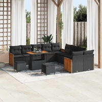 13 Piece Garden Sofa Set with Cushions Black Poly Rattan Acacia