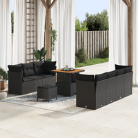 10 Piece Garden Sofa Set with Cushions Black Poly Rattan Acacia