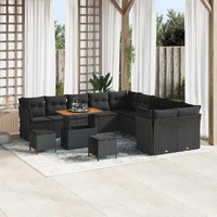 13 Piece Garden Sofa Set with Cushions Black Poly Rattan Acacia