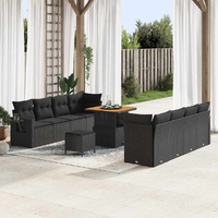 11 Piece Garden Sofa Set with Cushions Black Poly Rattan Acacia