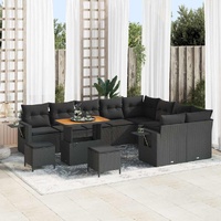 12 Piece Garden Sofa Set with Cushions Black Poly Rattan Acacia