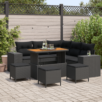 9 Piece Garden Sofa Set with Cushions Black Poly Rattan Acacia