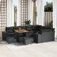 12 Piece Garden Sofa Set with Cushions Black Poly Rattan Acacia