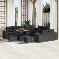 13 Piece Garden Sofa Set with Cushions Black Poly Rattan Acacia