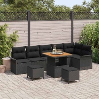 9 Piece Garden Sofa Set with Cushions Black Poly Rattan Acacia