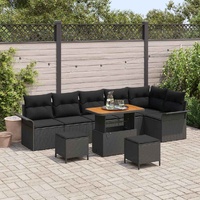 9 Piece Garden Sofa Set with Cushions Black Poly Rattan Acacia