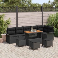 10 Piece Garden Sofa Set with Cushions Black Poly Rattan Acacia