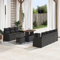 10 Piece Garden Sofa Set with Cushions Black Poly Rattan Acacia