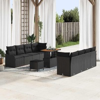 11 Piece Garden Sofa Set with Cushions Black Poly Rattan Acacia