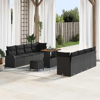 11 Piece Garden Sofa Set with Cushions Black Poly Rattan Acacia