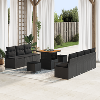 10 Piece Garden Sofa Set with Cushions Black Poly Rattan Acacia